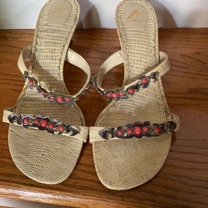 J. Vincent snake skin sandels with pewter & stone